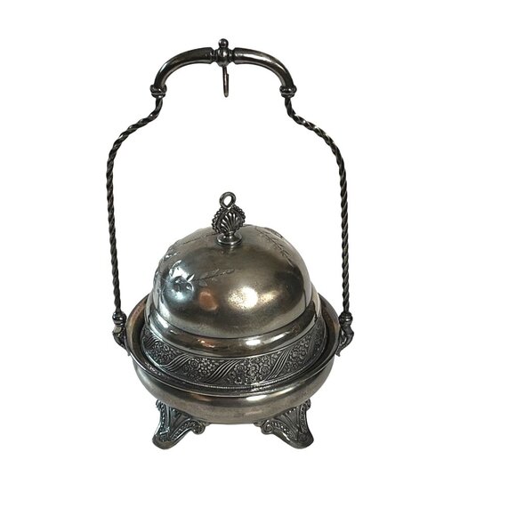 Vintage James W. Tufts Silver-Plate Butter Dish Hanging Lid - Picture 1 of 11